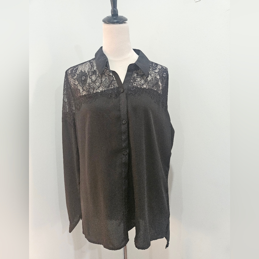Metaphor Black Lace Button Down Blouse Size L